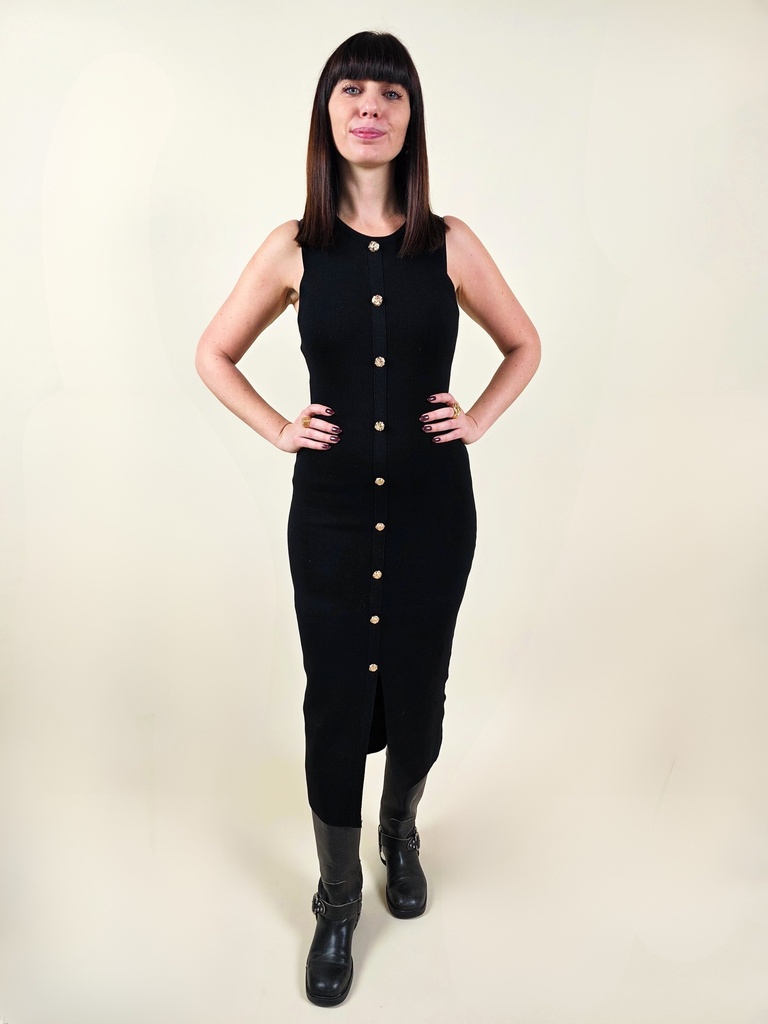 [00003] Robe longue noire moulante à boutons dorés