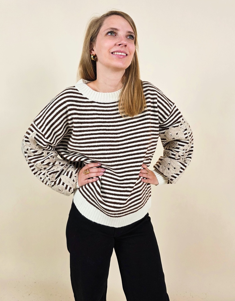 Pull ligné marron col rond manches brodées