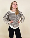 Pull ligné marron col rond manches brodées