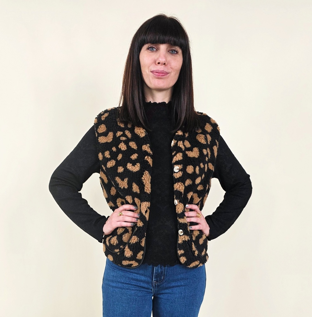 [00041] Gilet sans manche léopard noir et camel