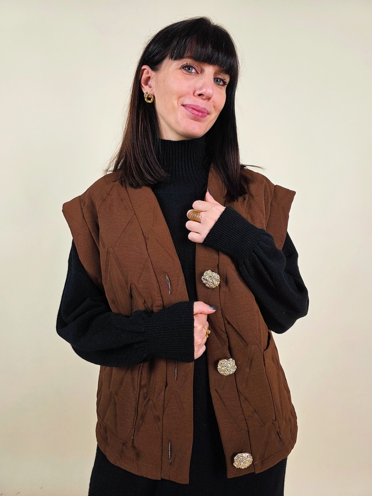 [00044] Gilet matelassé sans manche marron boutons dorés