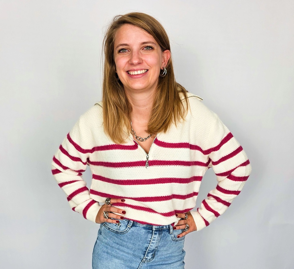 [00048] Pull rayé demi-zip fond écru et rayrures roses