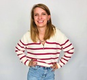 Pull rayé demi-zip fond écru et rayrures roses