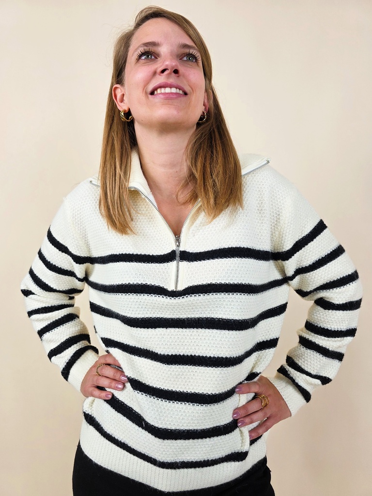 [00049] Pull rayé demi-zip fond écru & rayrures noires
