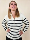 Pull rayé demi-zip fond écru & rayrures noires