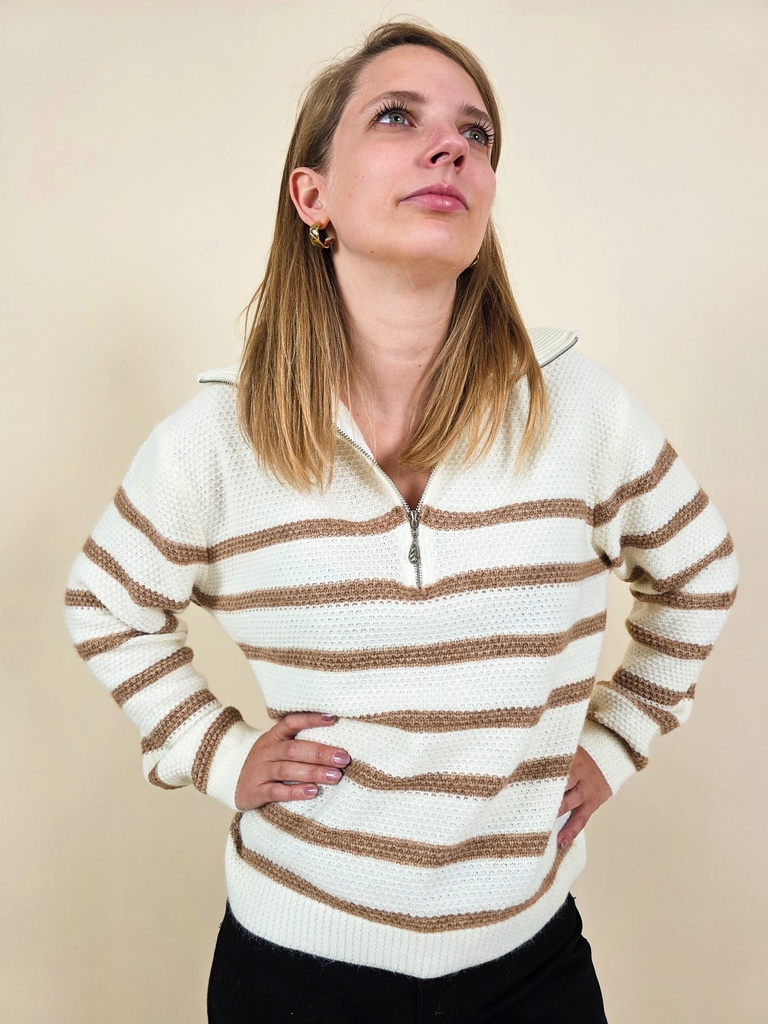 [00050] Pull rayé demi-zip fond écru & rayures brunes