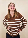 Pull rayé demi-zip fond brun & rayures blanches