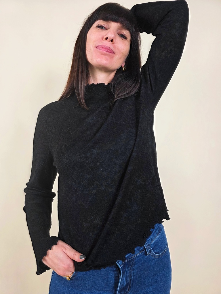 [00052_S/M] Pull noir bords ondulés en maille fine dentelle (S/M)