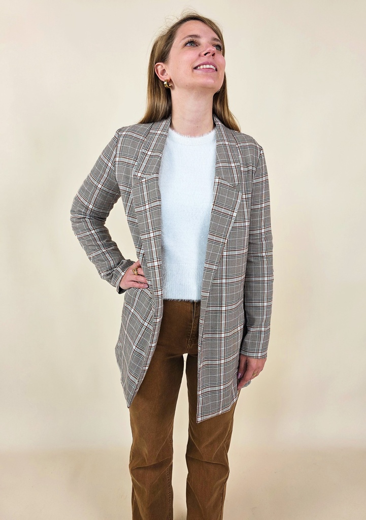 [00069] Veste blazer longue à carreaux marron & beige