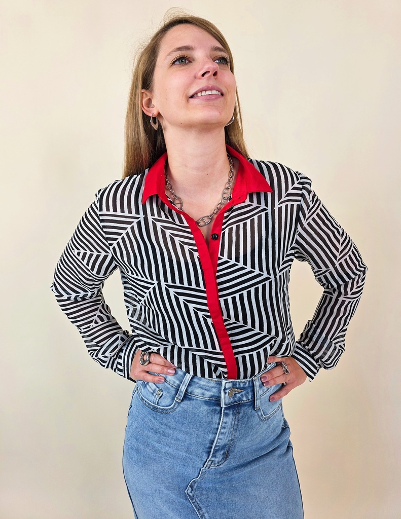 [00075] Chemisier à motifs graphiques noir & blanc avec détails rouges