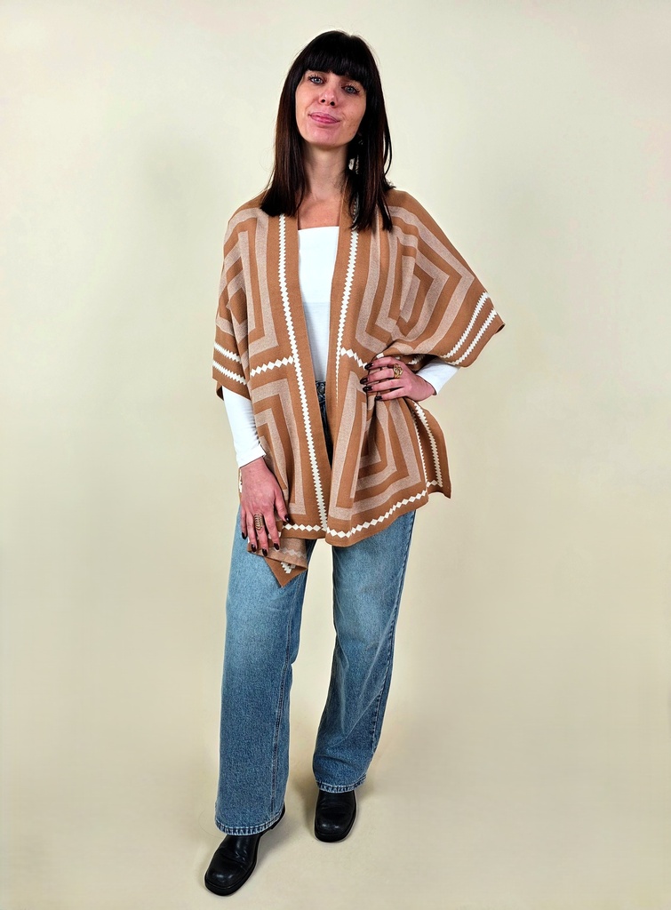 Gilet style kimono camel et blanc