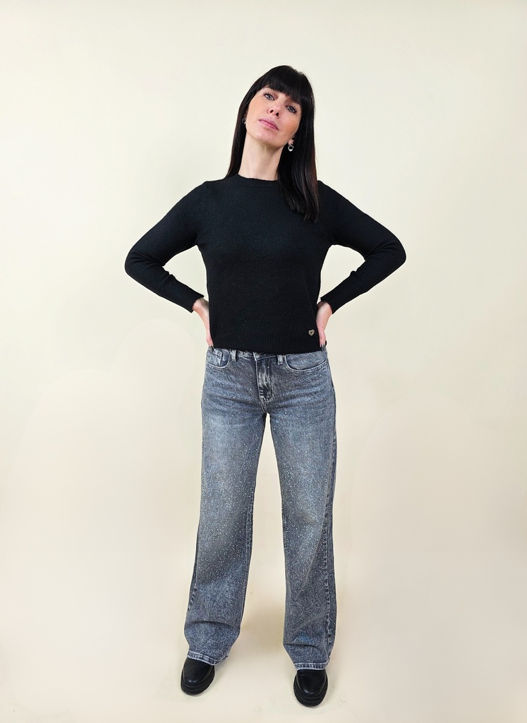 [00097_S] Jean droit délavé avec strass (S)