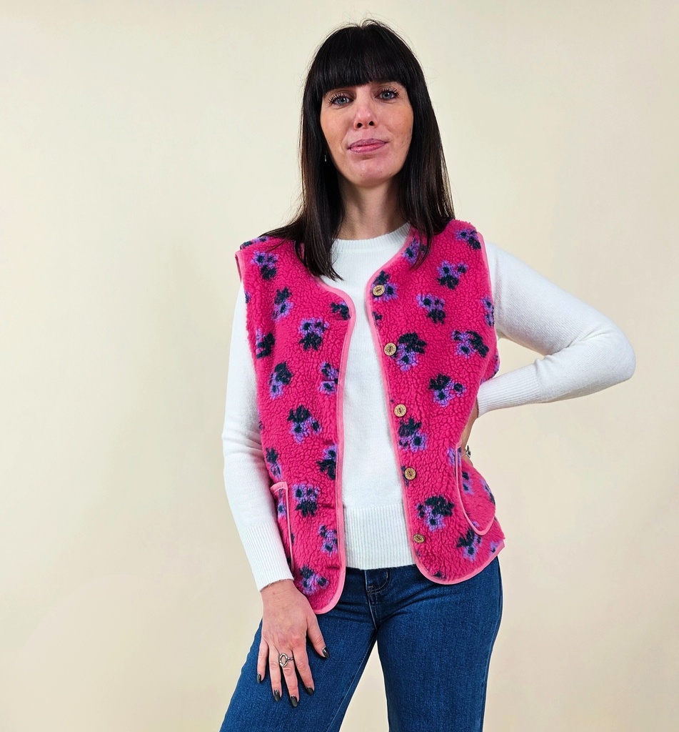 [00107] Gilet sans manche fleuri effet teddy fuschia