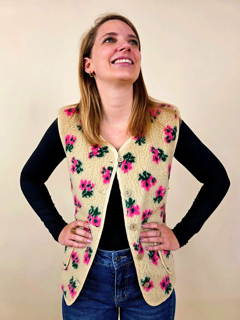 Gilet sans manche fleuri effet teddy beige