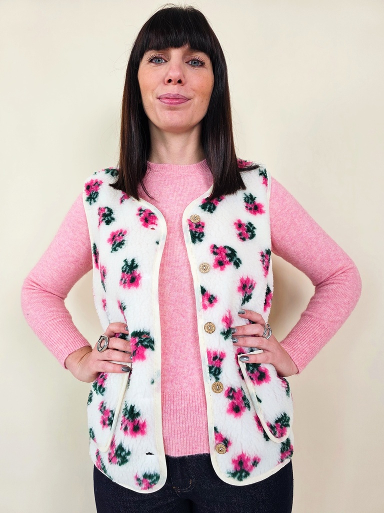 [00109] Gilet sans manche fleuri effet teddy blanc