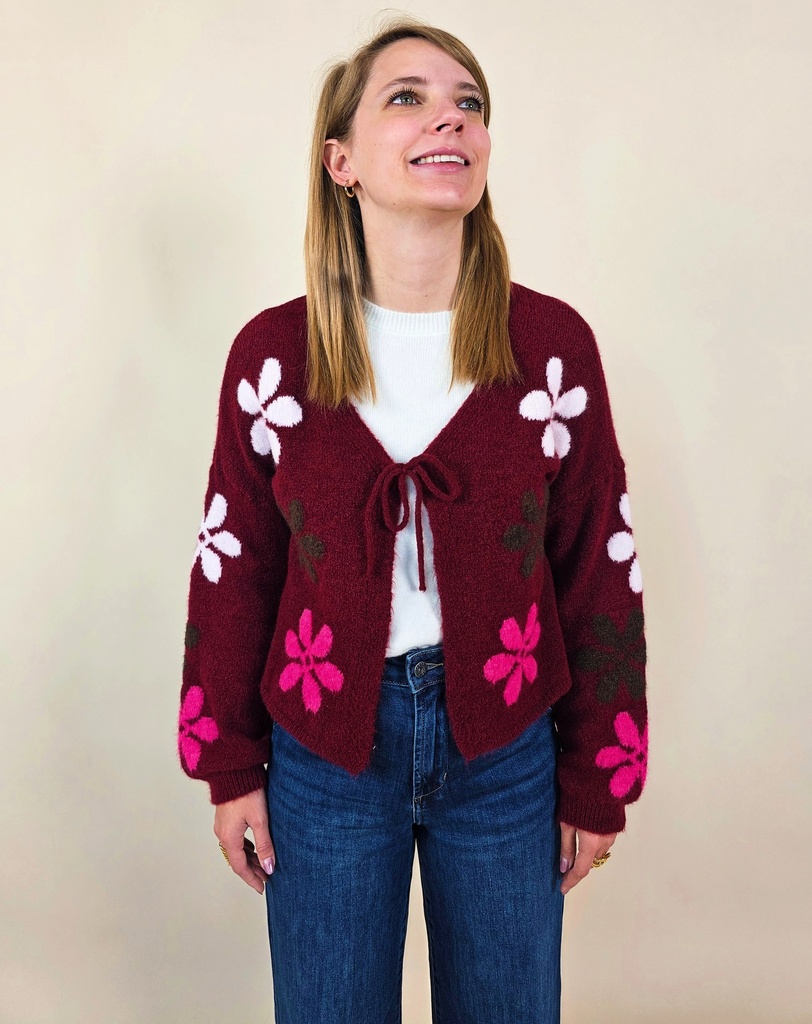 Gilet court bordeaux à fleurs ample avec manches cloches