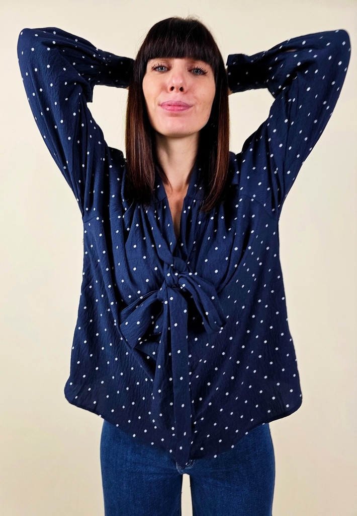 [00136_S] Blouse fluide bleu marine à pois (S)