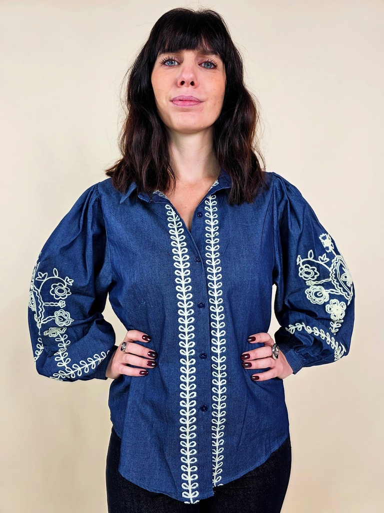 [00137_S] Chemisier denim brodé manches bouffantes (S)
