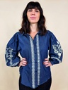 Chemisier denim brodé manches bouffantes