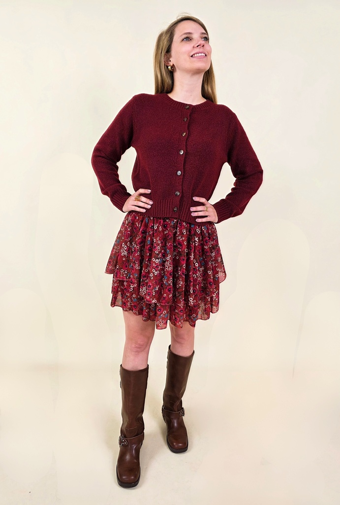 Mini-jupe fleurie à volants rouge