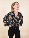 Chemisier fluide à imprimé fleurs et oiseaux sur fond noir