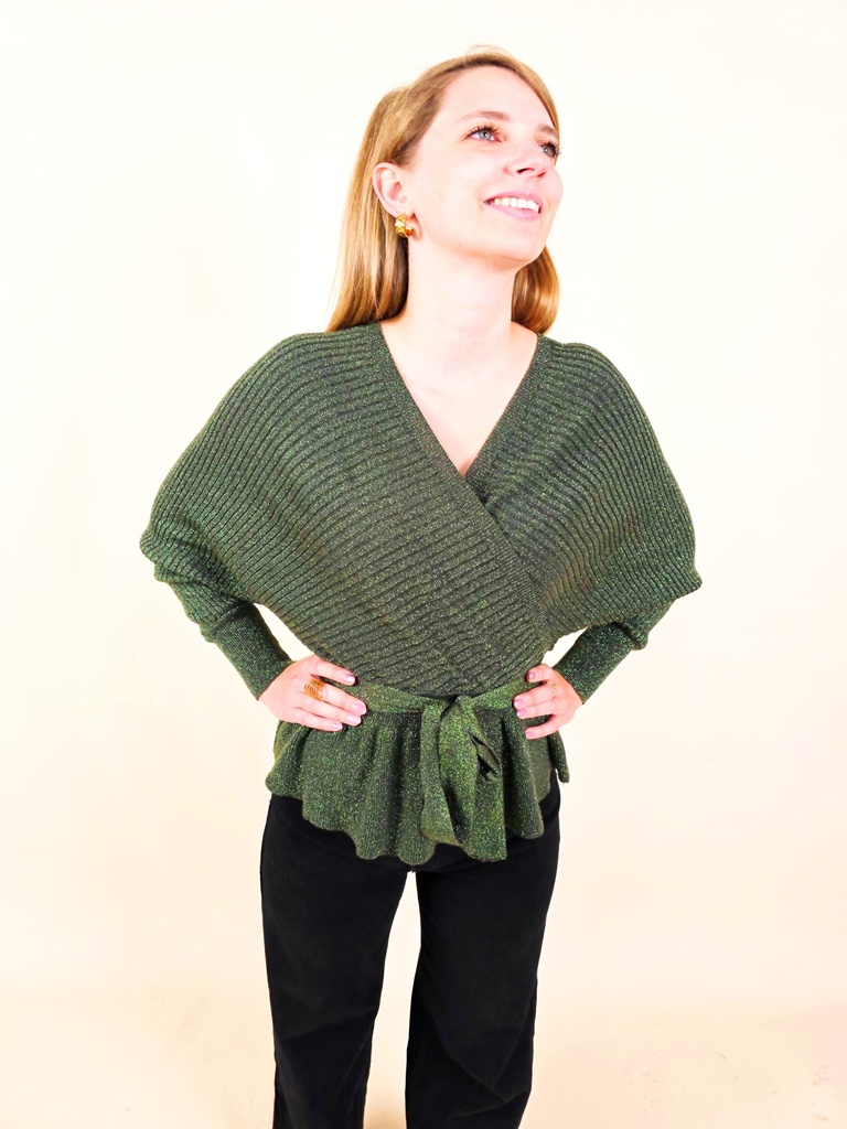 [00157] Cache-cœur en maille vert métallisé à manches chauve-souris et ceinture à nouer