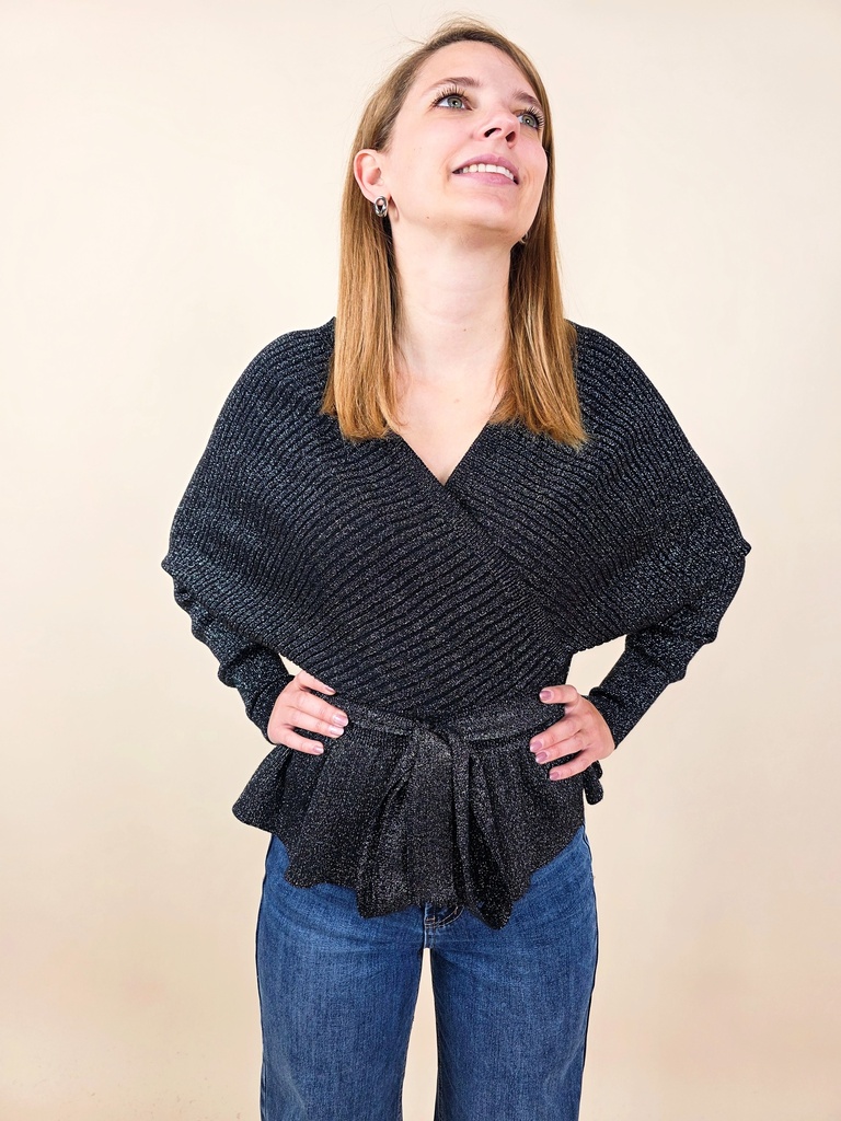 [00159] Cache-cœur en maille noir métallisé à manches chauve-souris et ceinture à nouer