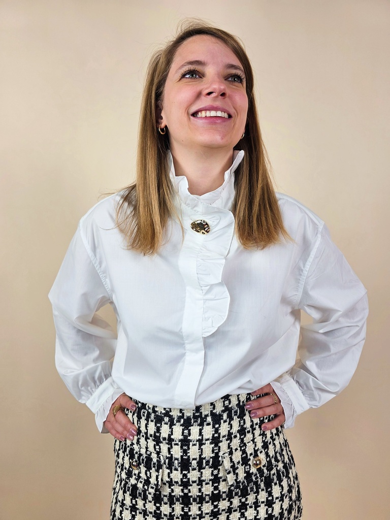 [00182_S/M] Chemisier blanc à volants avec col montant et broche bijou (S/M)