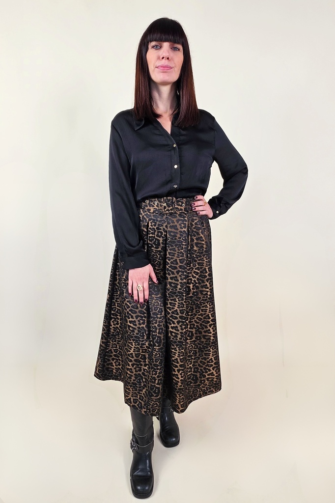 [00185] Jupe midi plissée à imprimé léopard marron et noir