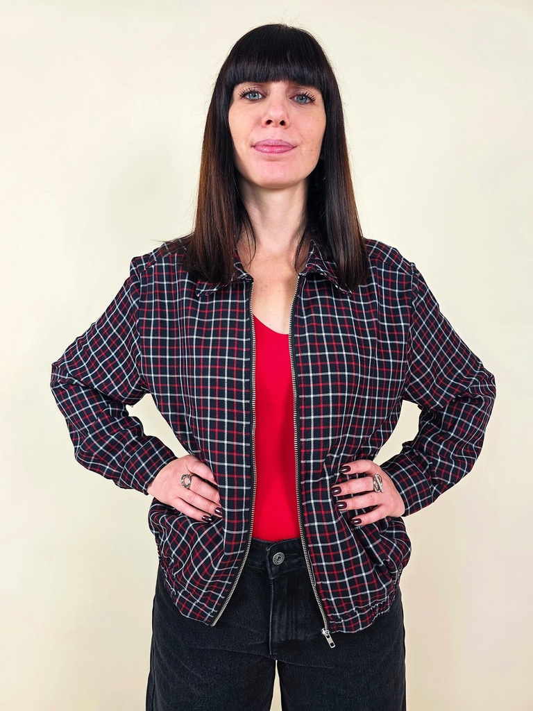 Veste bomber zippé à motif carreaux rouge ,blanc et noir