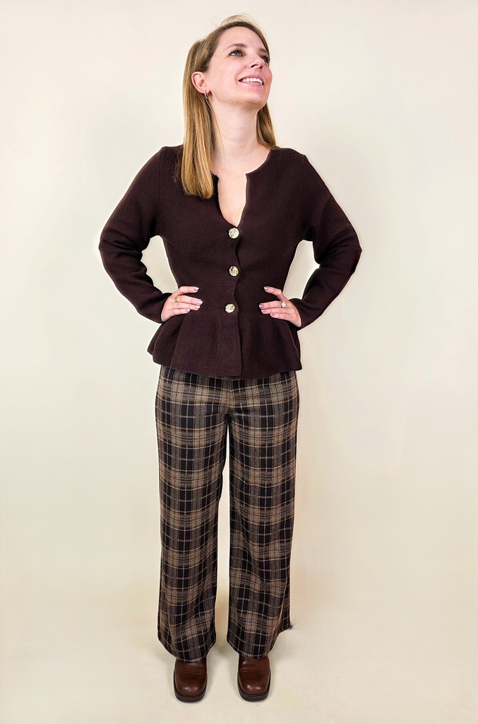 [00214] Pantalon velour brun à carreaux