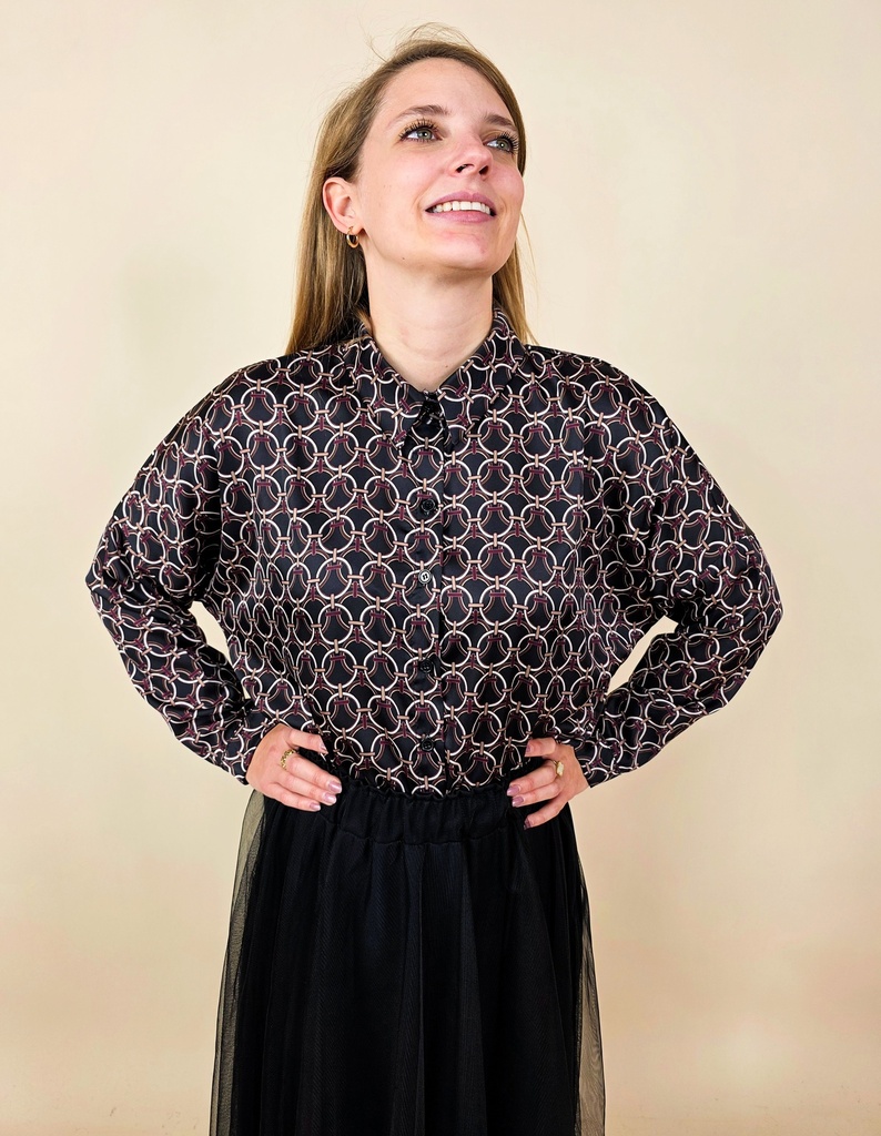 [00216] Chemisier satiné noir avec motif chaines entrelacées
