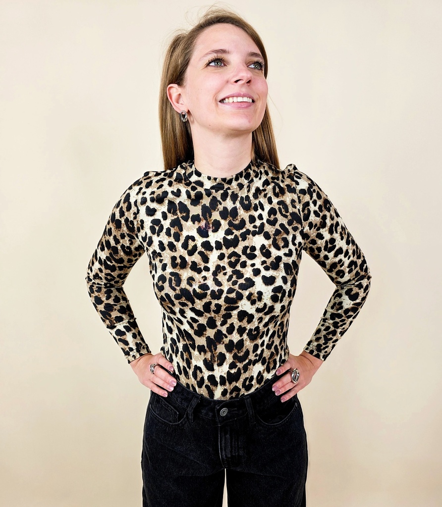 [00222_XS] Top stretch léopard coupe près du corps manches longues col près du cou (XS)
