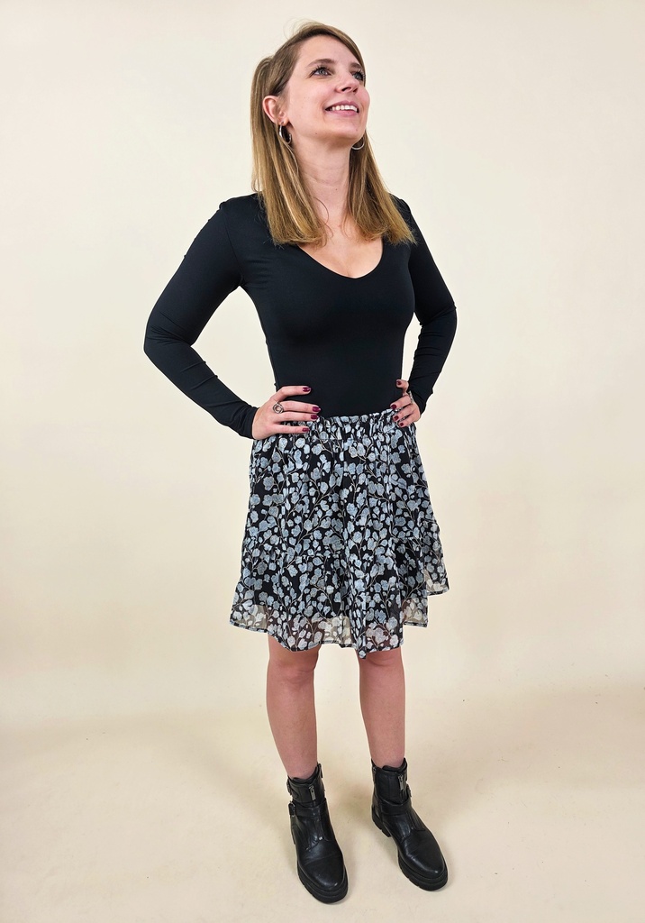 [00235_S] Mini-jupe à volants et taille élastique motif feuilles bleu (S)