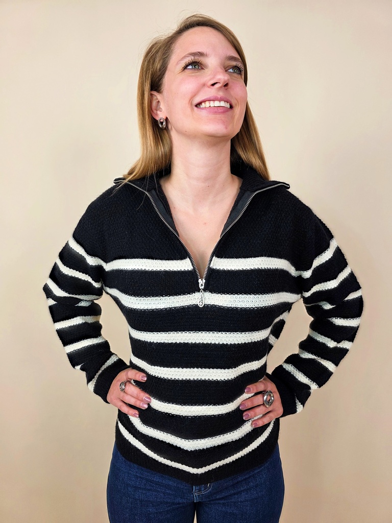 [00121] Pull rayé demi-zip fond noir et rayures blanches