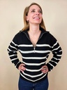 Pull rayé demi-zip fond noir et rayures blanches