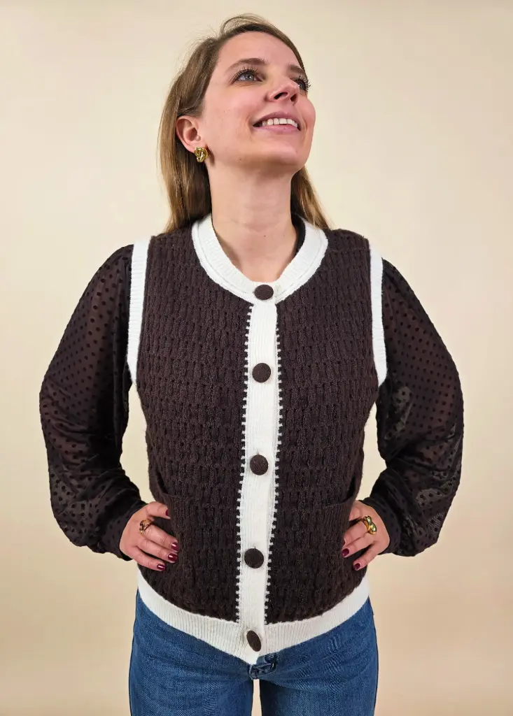 [00267] Gilet sans manche bicolore marron et blanc  