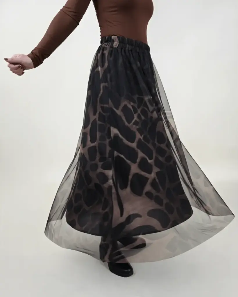 [00315] Jupe longue en tulle à imprimé animalier marron
