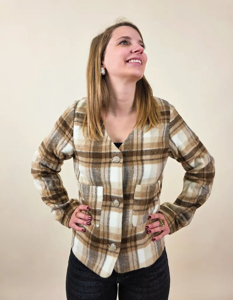 [00378_S] Veste courte beige et marron à carreaux  (S)