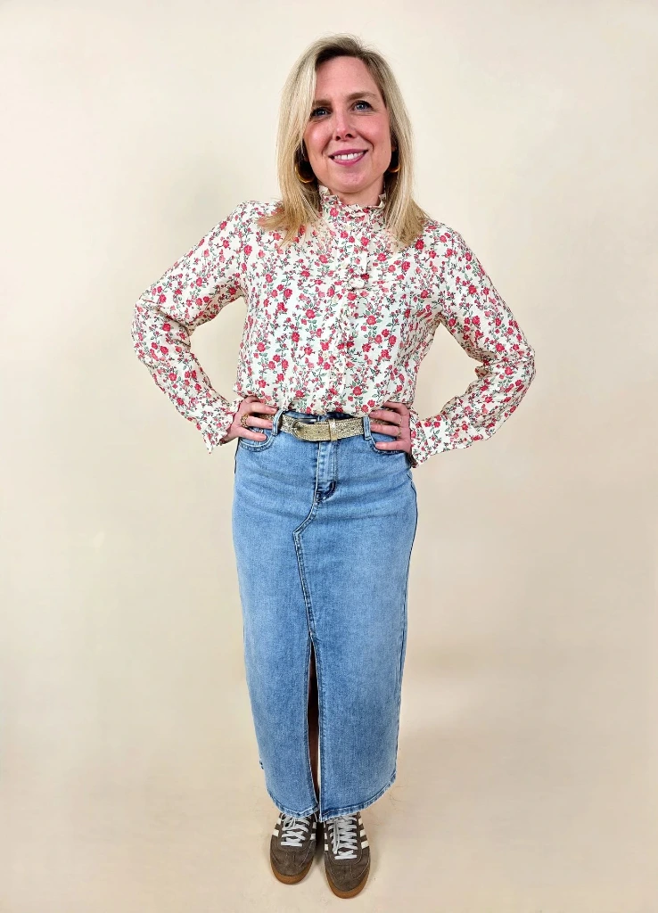 Jupe midi en denim bleu fente frontale