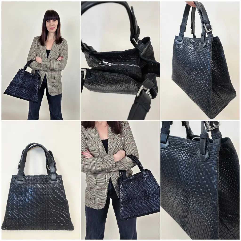 [00354] Sac à main trapèze noir tressé