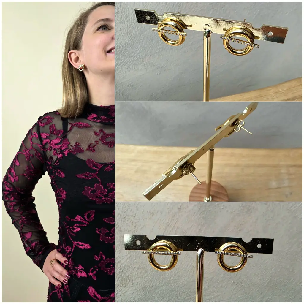 [00329] Boucles d'oreilles cercle avec barrette dorées et strass