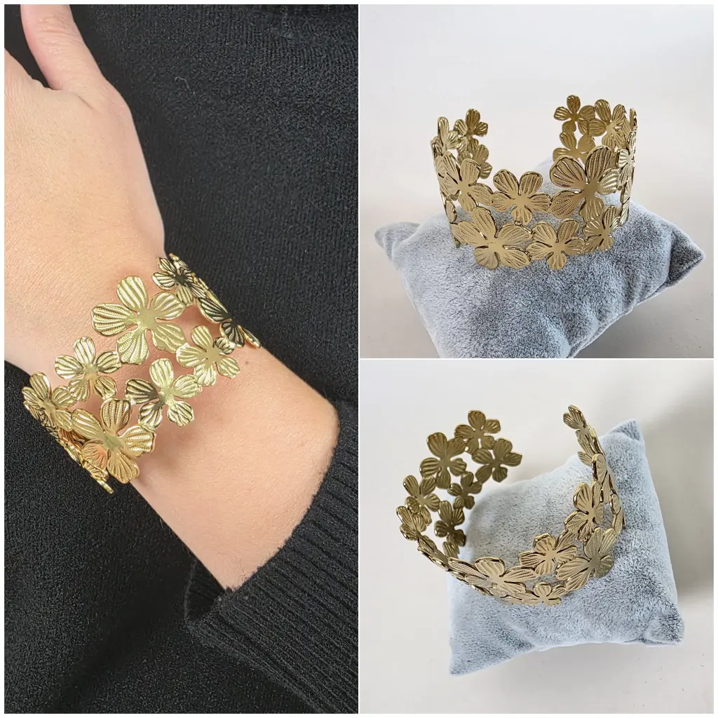 [00291] Bracelet doré large avec rangées de fleurs 