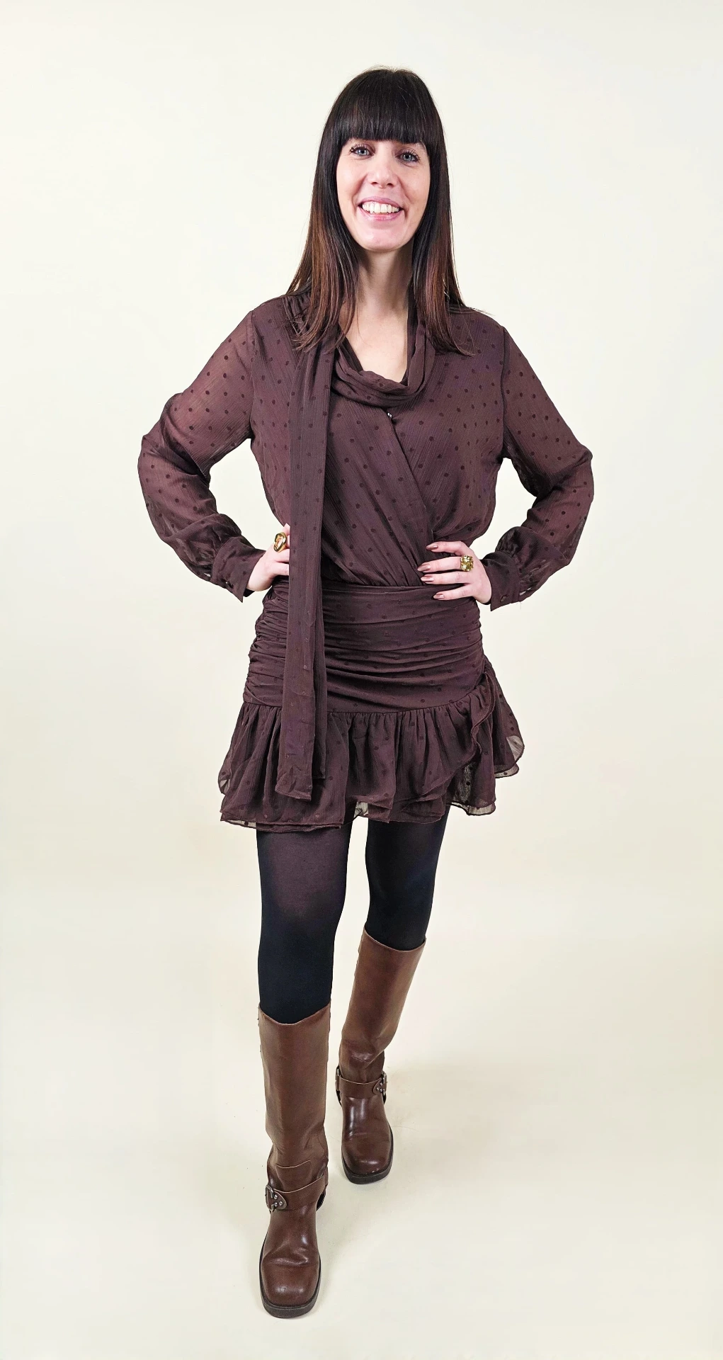 [00405_S/M] Robe brune à pois texturés (S/M)