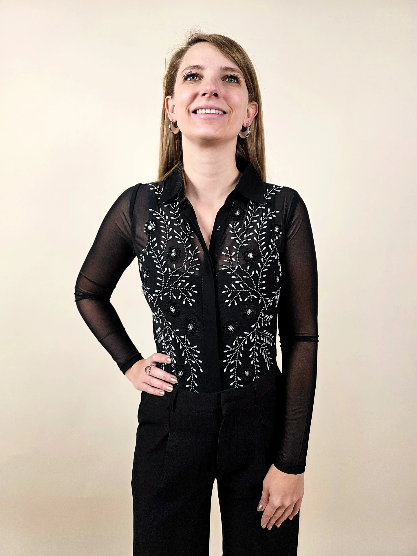 Body noir transparent à perles