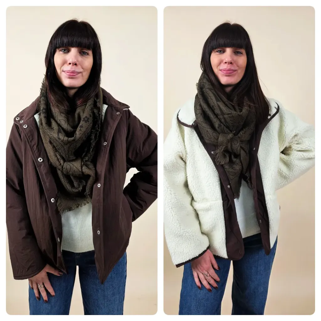 [00421_S] Manteau réversible blanc cassé/marron (S)