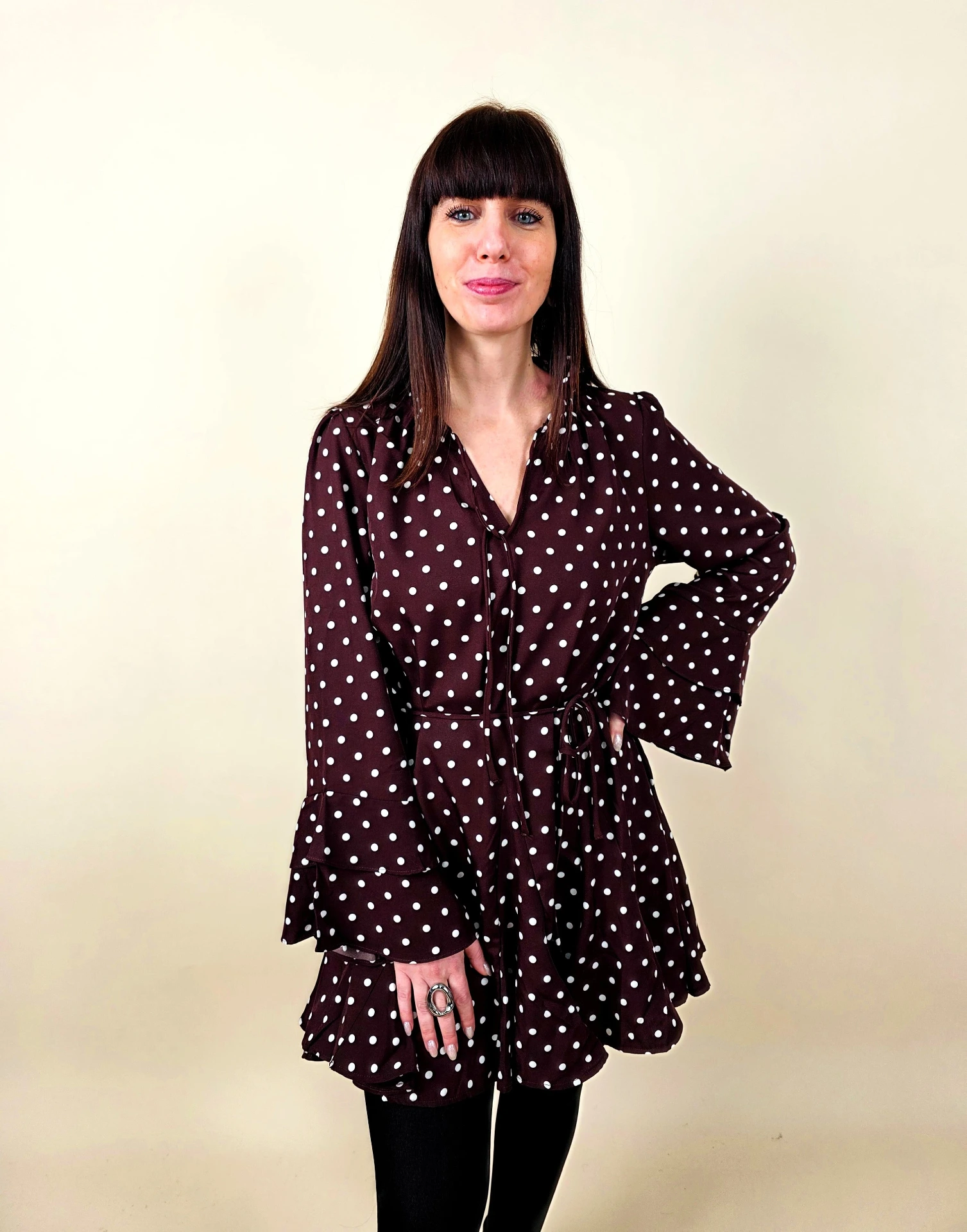 [00445_S] Robe marron à imprimé pois blancs (S)