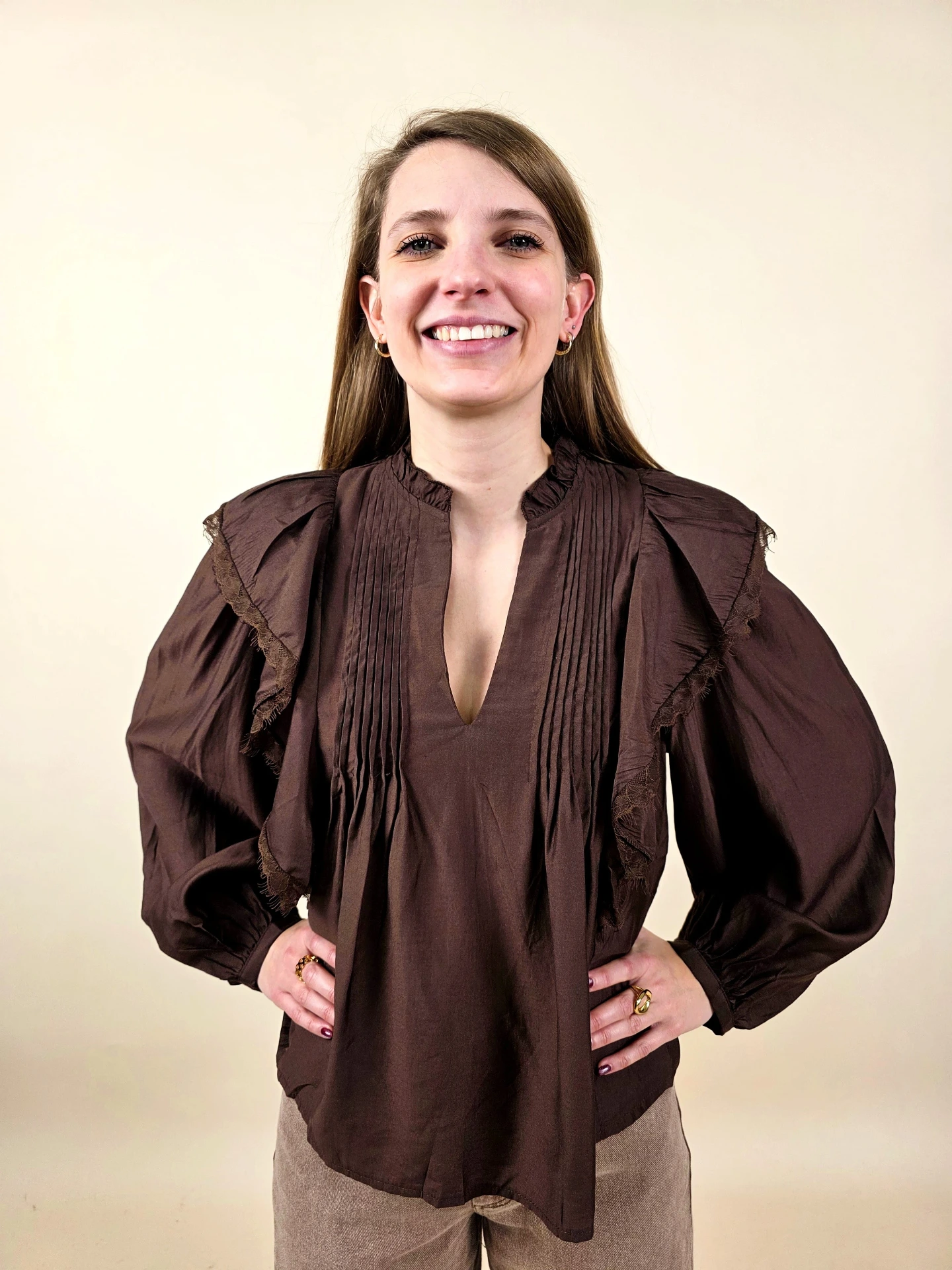 Chemisier bohème chocolat à détails volantés