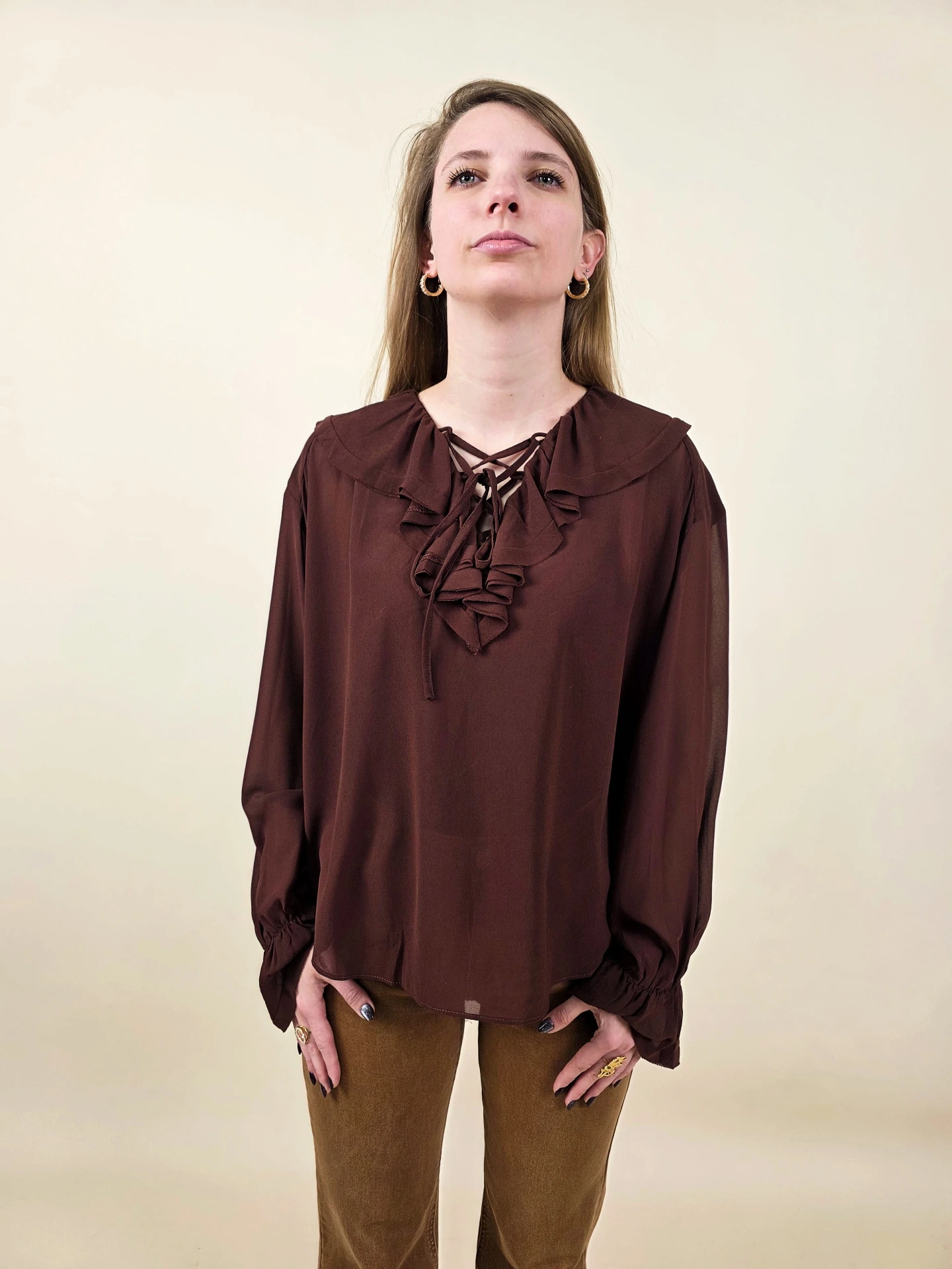 [00480_S/M] Blouse chocolat à volants et laçage (S/M)