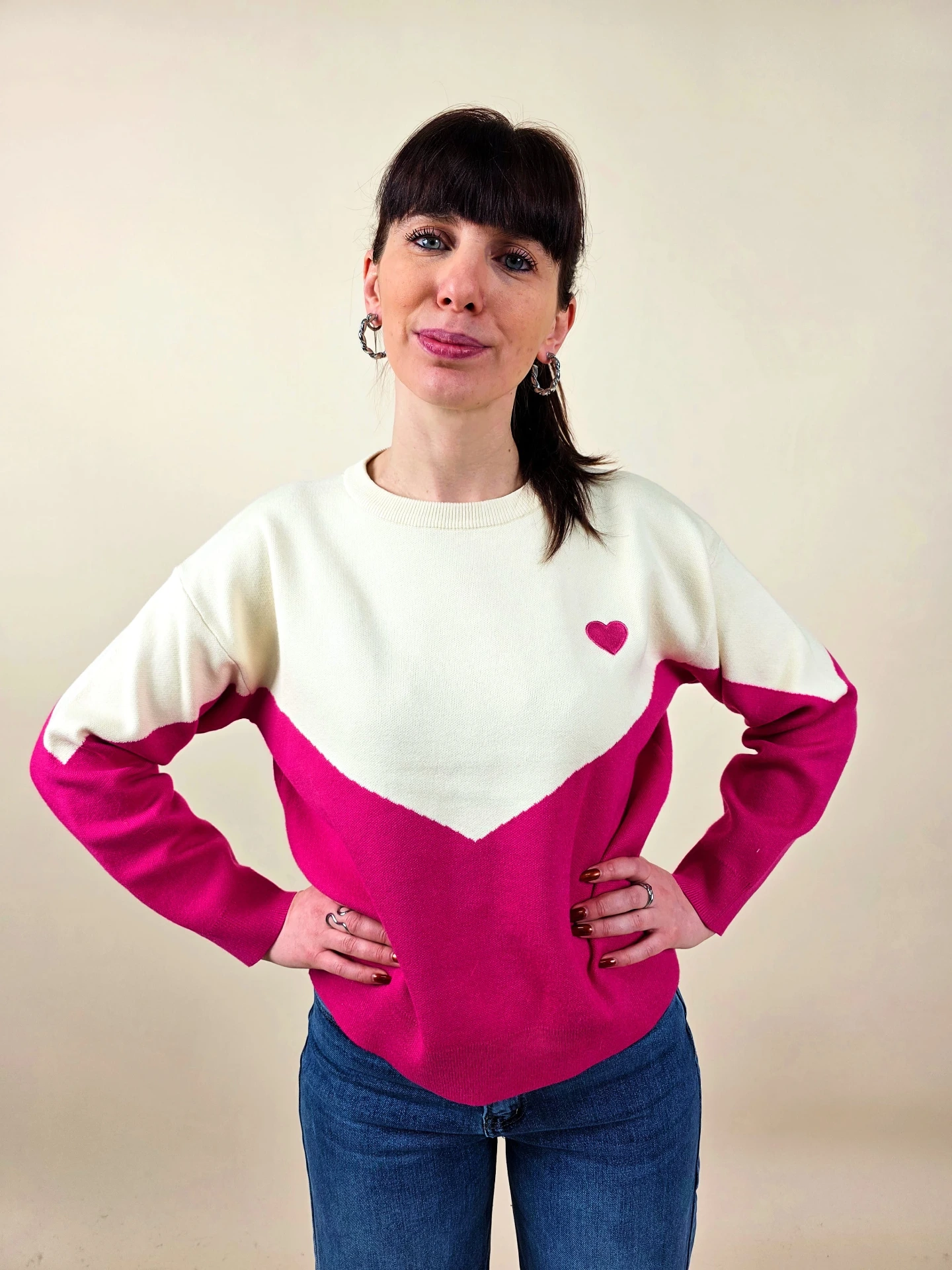 [00490] Pull bicolore blanc et rose fuchsia